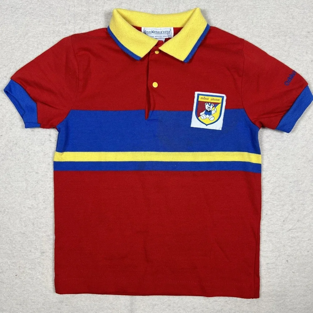 Vintage OshKosh B'gosh‎ Polo Shirt Kids 6 Red Blue Striped Yogi Bear 80s